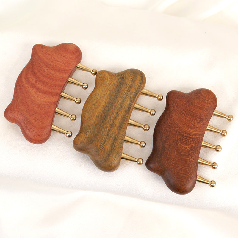 Sandalwood & Brass Cat-ear Five-tooth Comb, Full Body Massage Tool